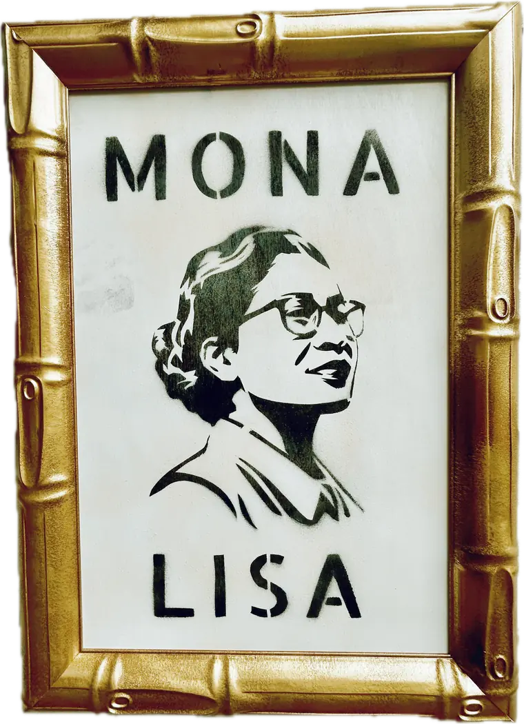 norville’s Mona Lisa: a stenciled portrait of a woman in glasses with her hair pinned back, MONA above her and LISA below, in a gold bamboo-style frame