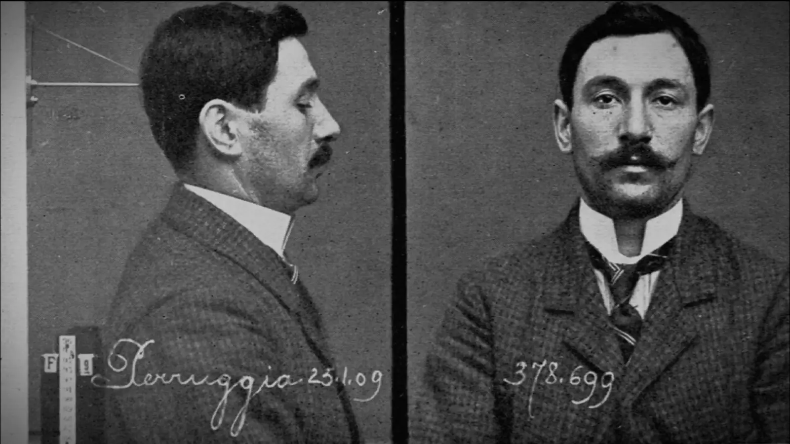Vincenzo Peruggia’s police identification photographs, profile and front view, signed Peruggia and dated 25.1.09